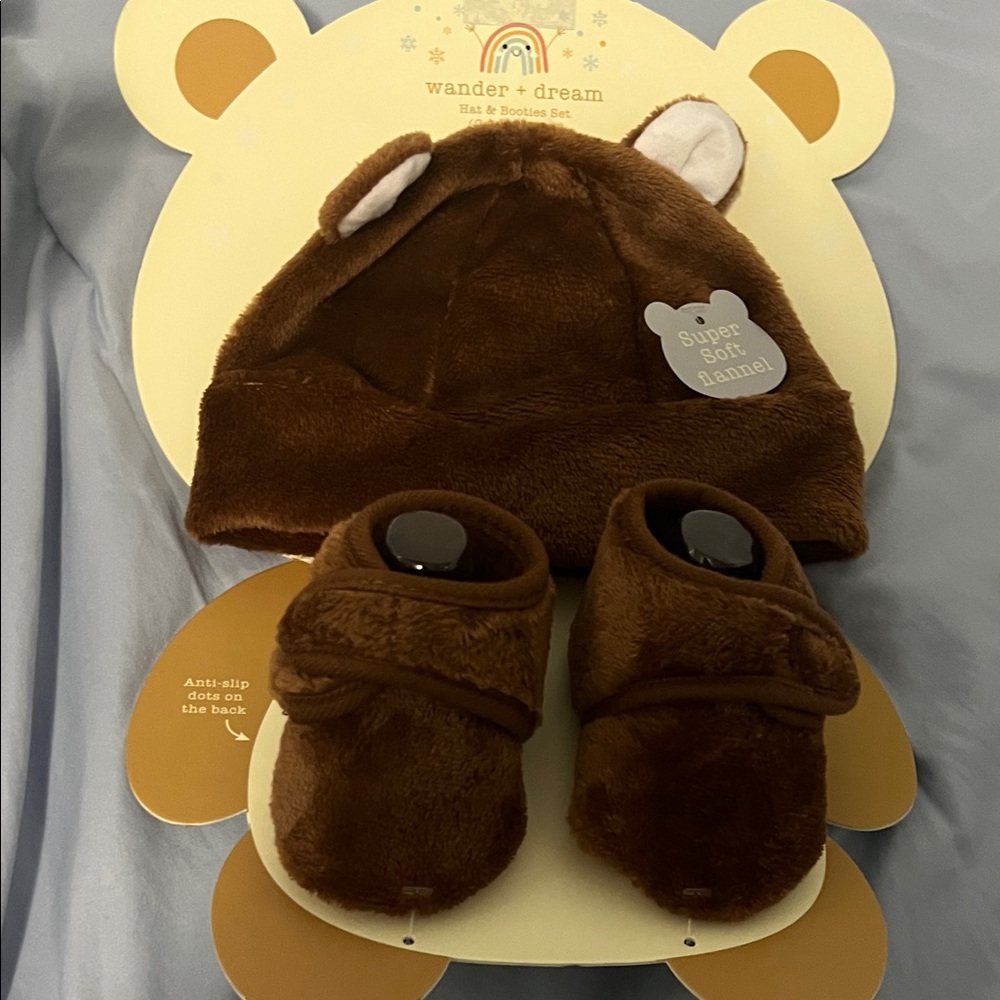 Brown Baby Hat and Booties Set